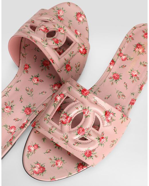 Dolce & Gabbana Pink Calfskin Flat Slippers With Little Roses Print