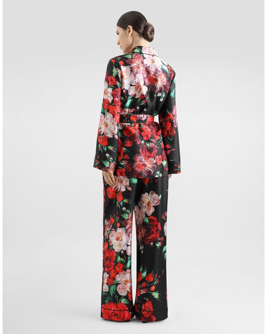 Dolce & Gabbana Red Langarm-Pyjamabluse Aus Twill Rosenprint