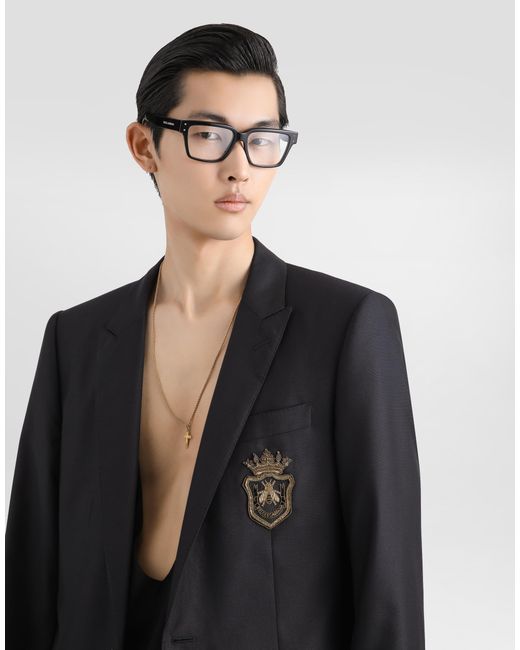 Dolce & Gabbana Blue Single-Breasted Wool And Silk Jacket With Patch for men