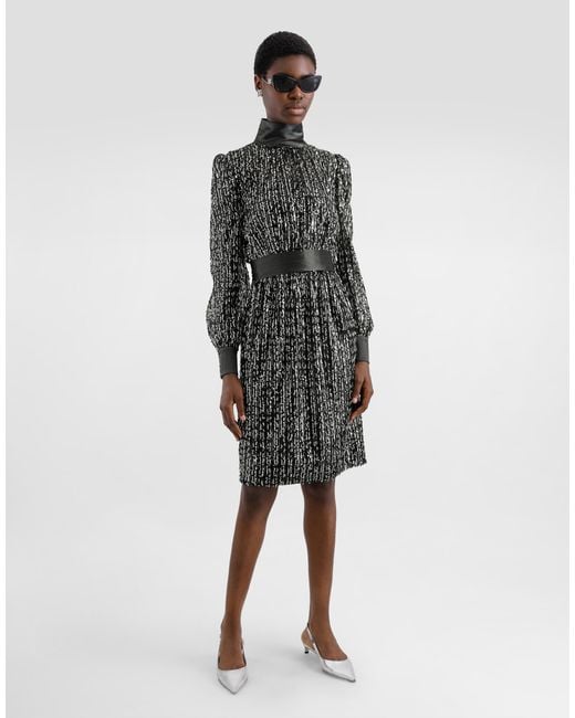 Dolce & Gabbana Gray Midi Dress With Vertical Sequin Stripe Embroidery