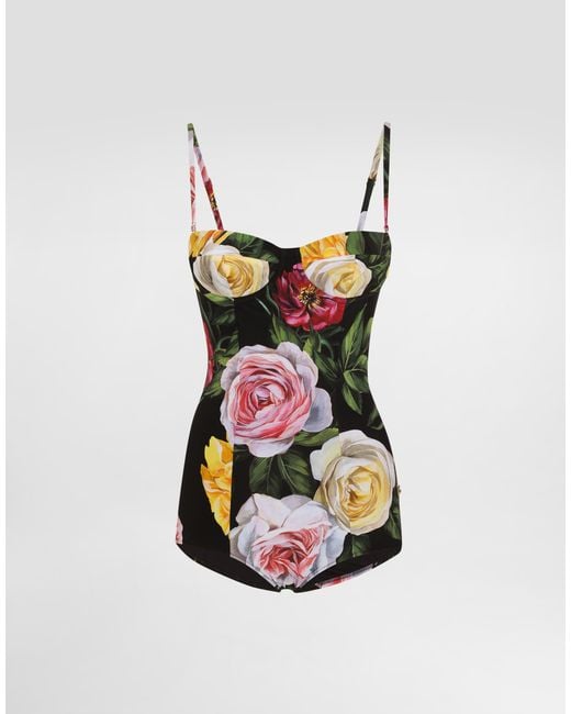 Dolce & Gabbana White One-Piece Swimsuit With Rose And Peony