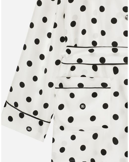 Dolce & Gabbana White Long-Sleeved Silk Pajama Shirt With Polka-Dot