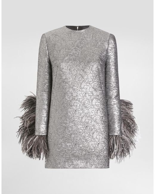 Dolce & Gabbana Gray Quilted Lamé Jacquard Sack Minidress With Feathered Cuffs