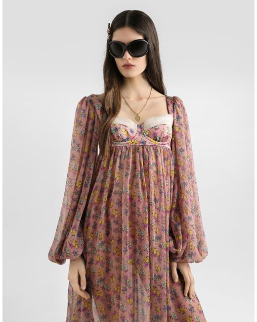 Dolce & Gabbana Brown Small Floral-Print Chiffon Dress With Lace