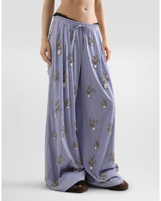 Dolce & Gabbana Blue Poplin Trousers With Floral Embroidery