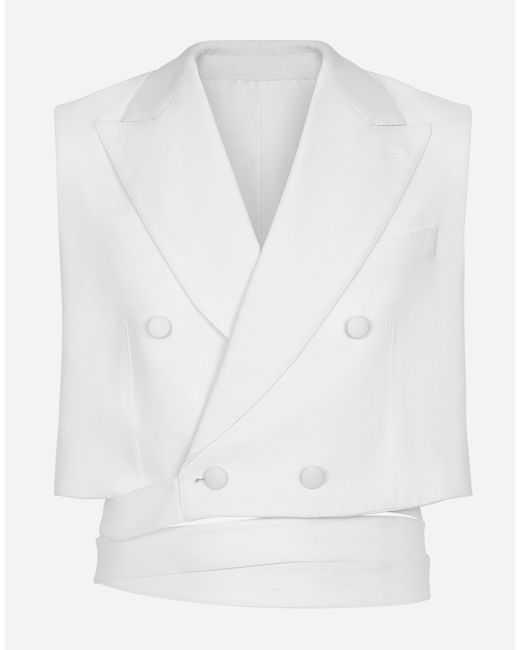 Dolce & Gabbana White Belted Cropped Double-Breasted Wool Waistcoat for men