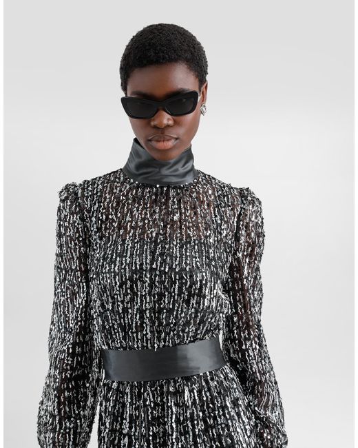 Dolce & Gabbana Gray Midi Dress With Vertical Sequin Stripe Embroidery