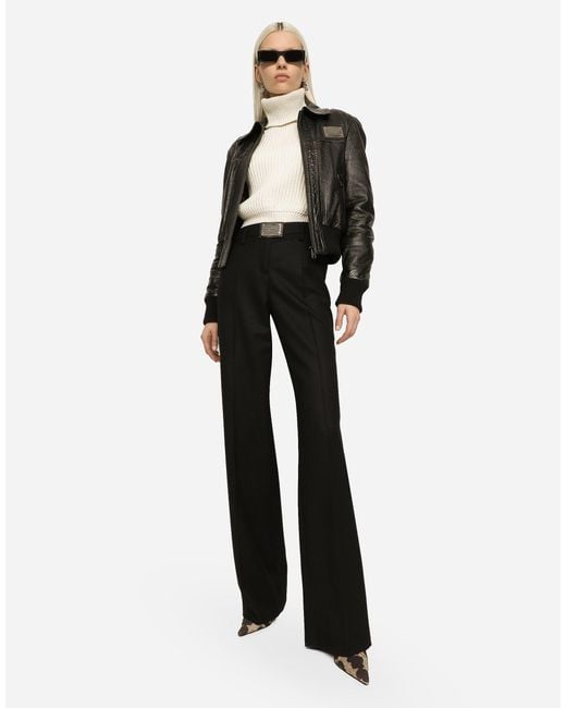 Dolce & Gabbana Black Ausgestellte Hose Aus Flanell Mit Logoplakette