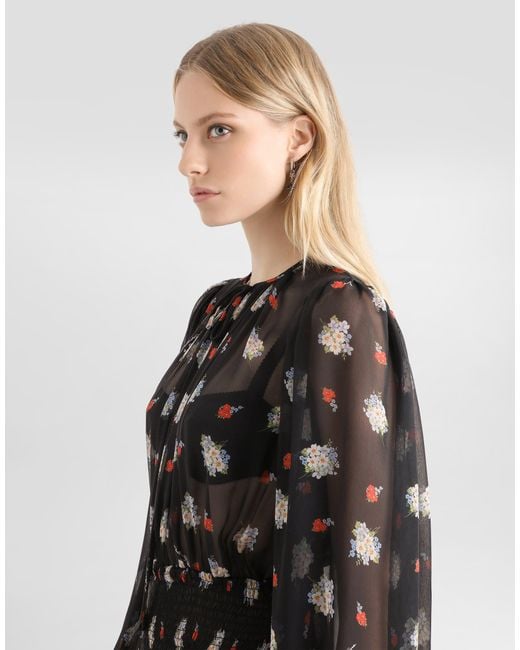 Dolce & Gabbana Black Small Floral-Print Long Chiffon Dress