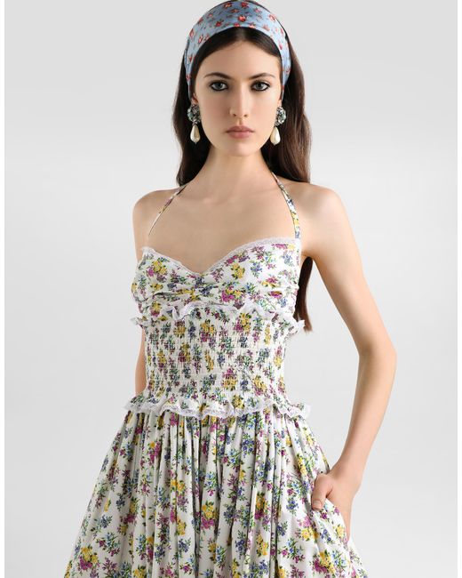 Dolce & Gabbana White Small Floral-Print Poplin Dress