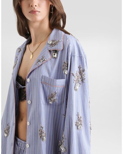 Dolce & Gabbana Blue Cotton Shirt With Crystal Flower Embroidery