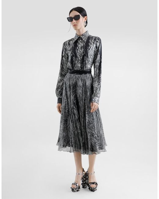 Dolce & Gabbana Gray Chiffon Calf-Length Circle Skirt With Fur Print