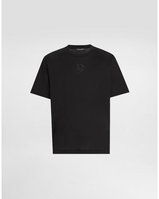 Dolce & Gabbana Black Cotton T-Shirt With Logo Embroidery for men
