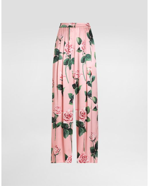 Pantalones Estilo Pijama De Seda Con Estampado De Rosas Dolce & Gabbana de color Pink