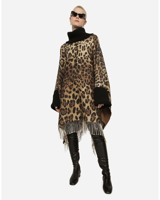 Dolce & Gabbana Brown Poncho Aus Wolle Und Kaschmir Mit Fransen