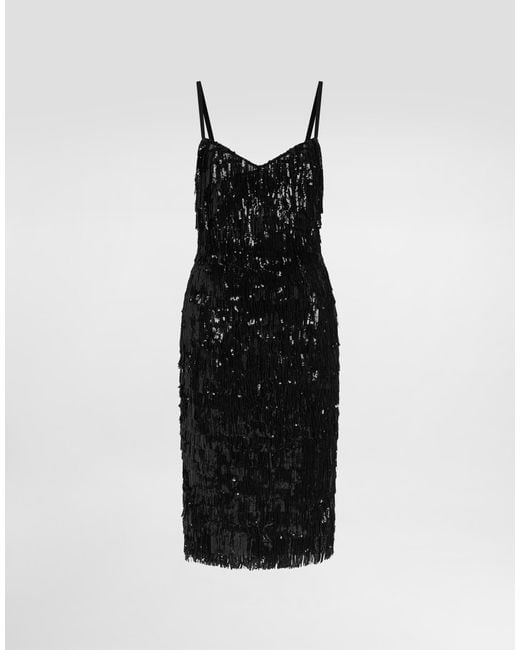Dolce & Gabbana Black Calf-Length Slip Dress With Sequined Fringing