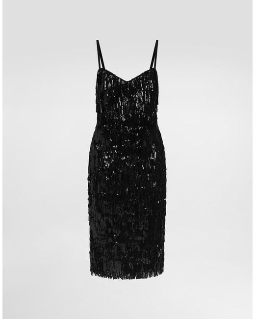 Dolce & Gabbana Black Calf-Length Slip Dress With Sequined Fringing