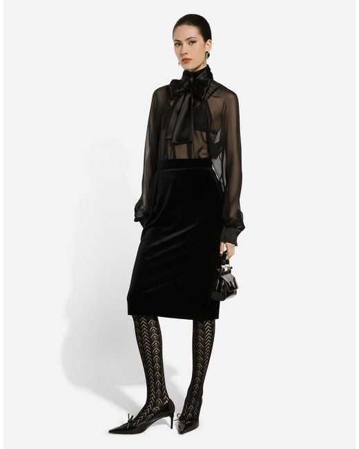 Dolce & Gabbana Black Velvet Midi Pencil Skirt