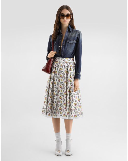Dolce & Gabbana White Small Floral-Print Poplin Skirt