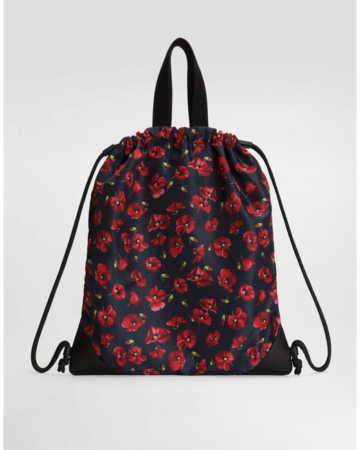 Dolce & Gabbana Red Poppy-Print Nylon Backpack
