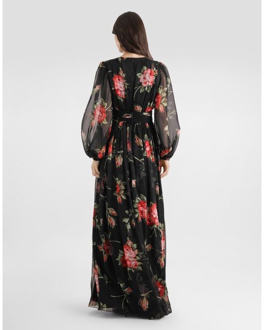 Dolce & Gabbana Black Rose Bouquet-Print Long Chiffon Dress