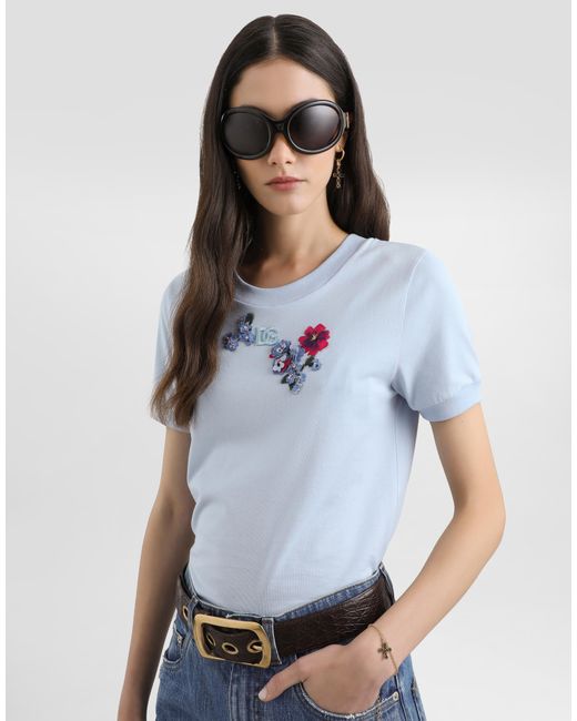 Dolce & Gabbana Blue Jersey T-Shirt With Flower Patch