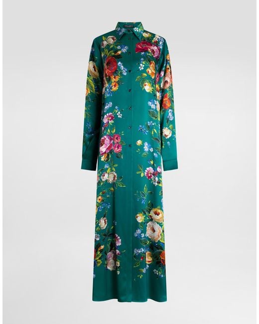 Dolce & Gabbana Green Rose-Print Satin Kaftan