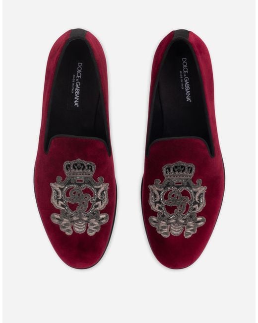 Dolce & Gabbana Red Velvet Slippers With Coat Of Arms Embroidery for men