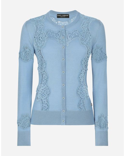 Cárdigan De Cachemira Y Seda Con Aplicación De Encaje Dolce & Gabbana de color Blue
