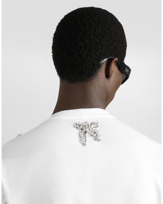 Dolce & Gabbana White Cotton T-Shirt With Embroidery And Brooch for men