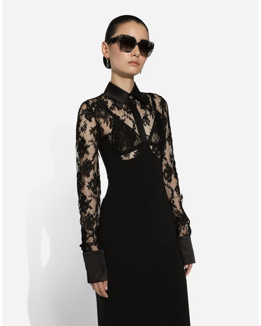Dolce & Gabbana Black Calf-Length Jersey And Lace Dress With Corset Details