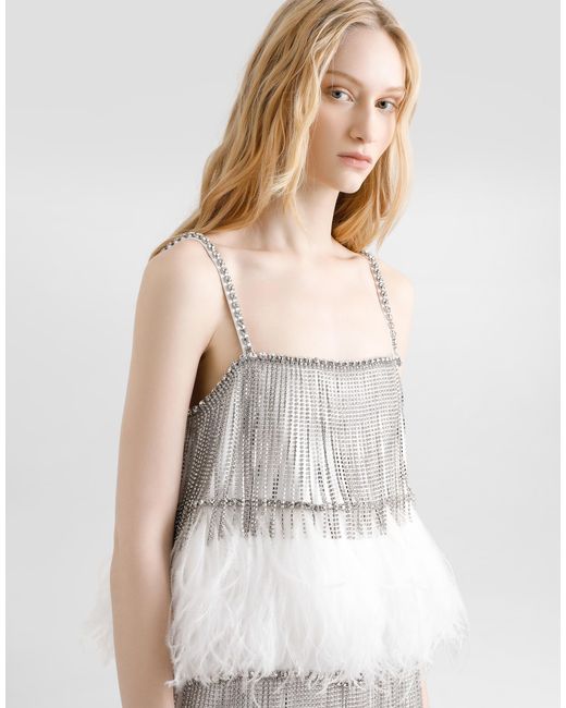 Dolce & Gabbana White Satin Dress With Feathers