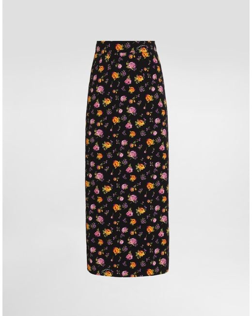 Dolce & Gabbana Black Small Rose Bouquets-Print Straight Charmeuse Skirt