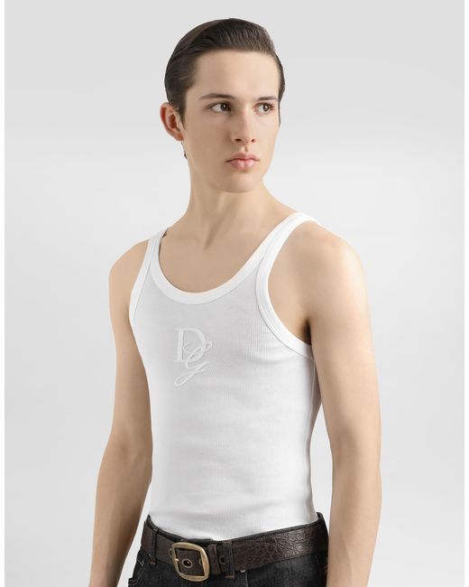 Dolce & Gabbana White Fine-Rib Slim-Fit Singlet With Embroidery for men