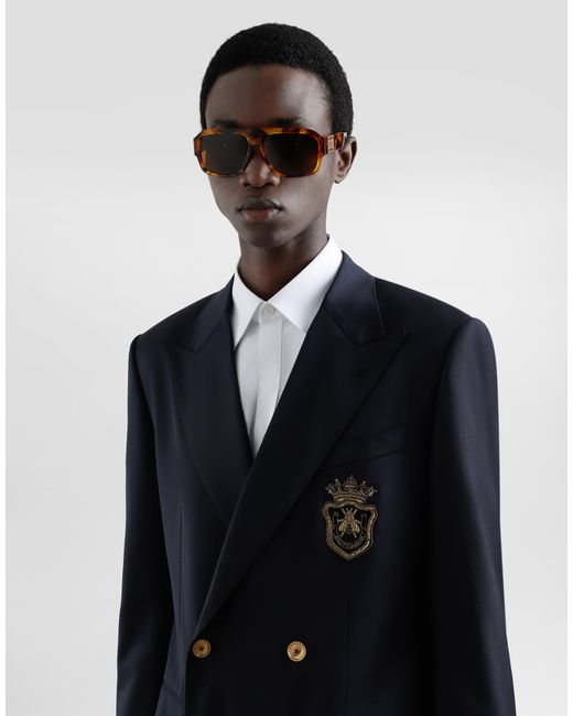 Dolce & Gabbana Blue Double-Breasted Wool Jacket With Patch for men