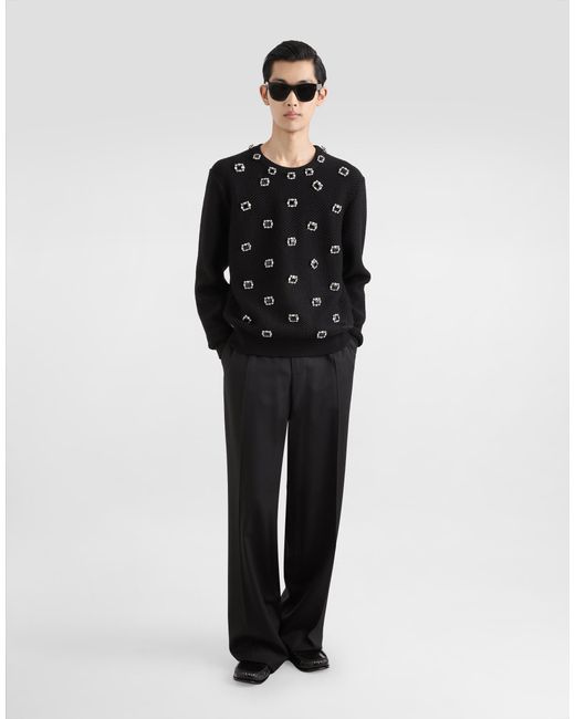 Dolce & Gabbana Black Wool Round-Neck Sweater With Embroidery And Bejeweled Buttons for men