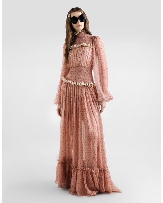 Dolce & Gabbana Pink Small Rose-Print Long Chiffon Dress