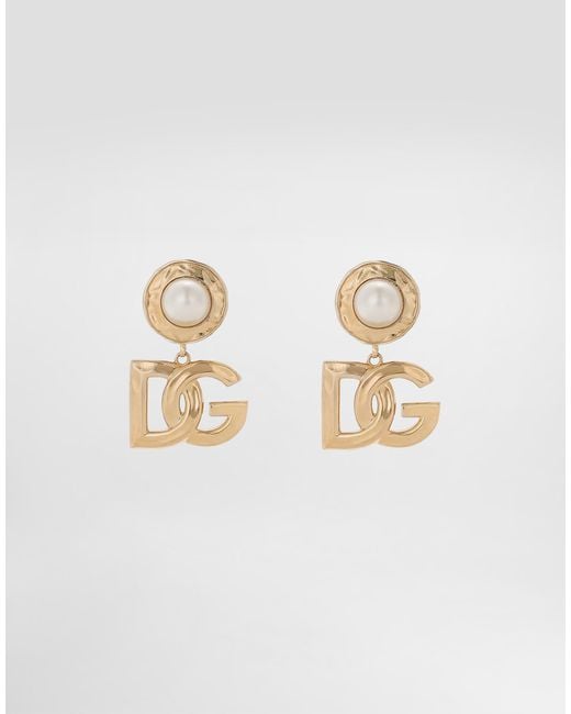 Dolce & Gabbana White Drop Earrings With Cabochon Details And Dg Logo