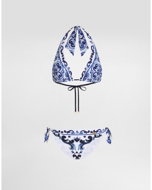 Dg Exclusive Bikini De Triángulo Con Estampado De Mayólica Dolce & Gabbana de color White