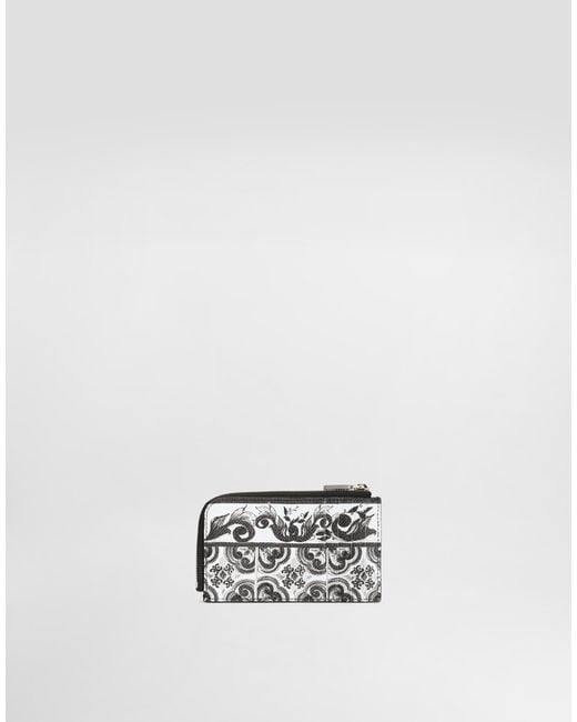 Dolce & Gabbana White Majolica-Print Calfskin Card Holder for men