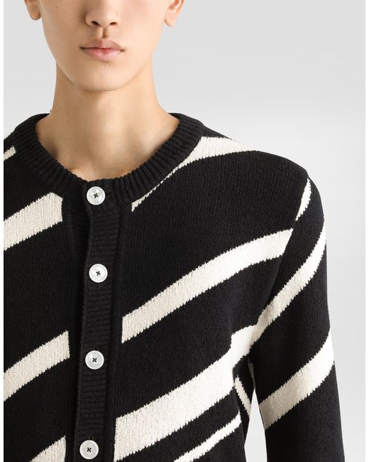 Dolce & Gabbana Black Long-Sleeved Cotton Cardigan With Stripe Inlay for men