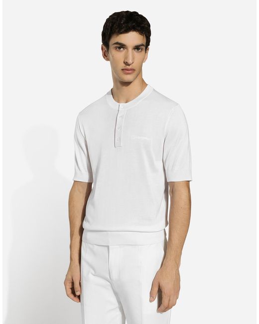 Dolce & Gabbana White Silk Granddad-Neck Sweater With Logo Embroidery for men