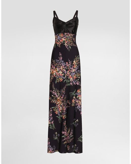 Dolce & Gabbana White Flower Bouquets-Print Long Charmeuse Dress