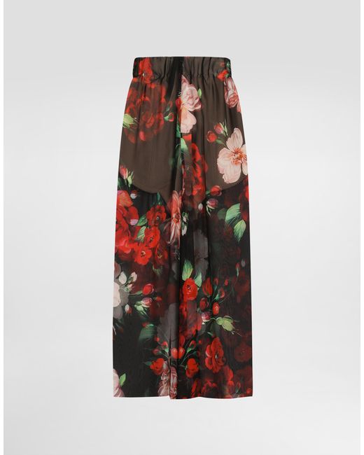 Dolce & Gabbana Red Rose- Chiffon Calf-Length Skirt