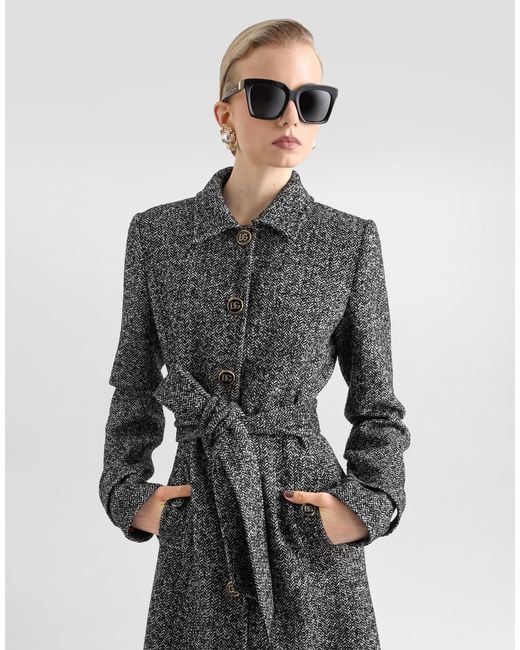 Dolce & Gabbana Gray Single-Breasted Wool-Blend Chevron Coat