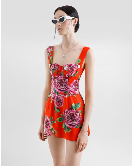 Dolce & Gabbana Red Long Cotton Corset Top With Rose