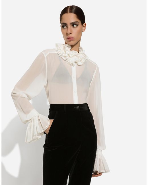 Dolce & Gabbana White Bluse Aus Georgette Mit Plissierten Details An Kragen Und Ärmelabschluss