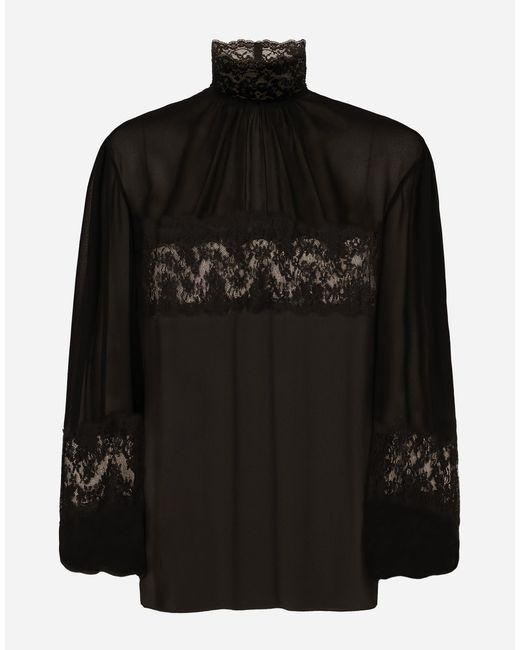 Dolce & Gabbana Black Georgette And Lace Turtle-Neck Blouse