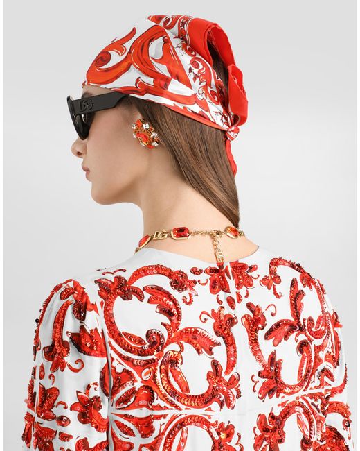 Dolce & Gabbana Red Majolica-Print Charmeuse Dress With Embroidery