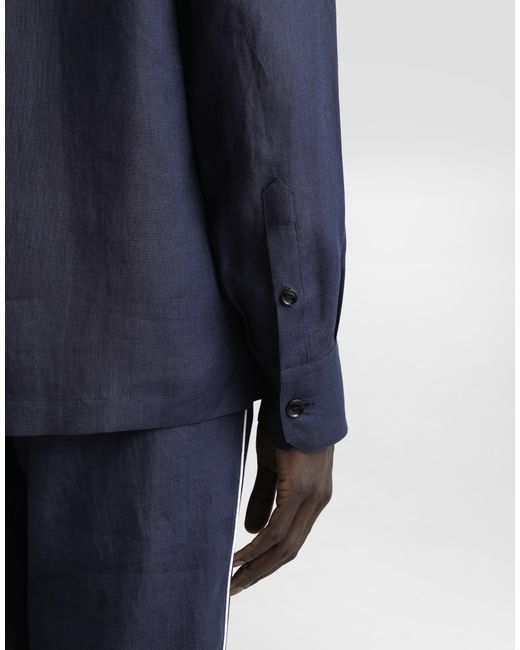 Dolce & Gabbana Blue Linen Vanity Shirt With Heraldic Emblem for men